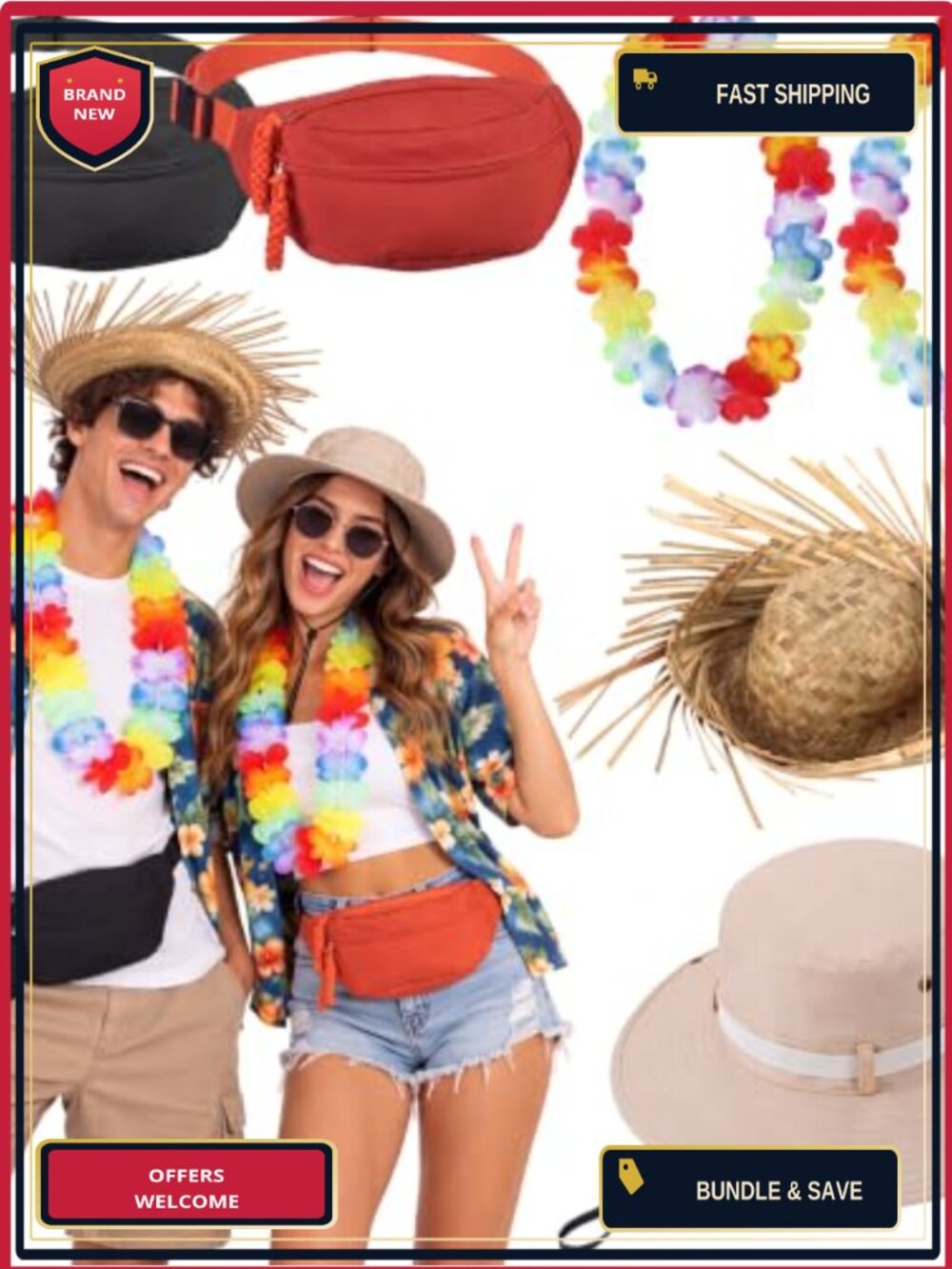 Couples Tourist Costume Kit Bucket & Straw Hat Flower Leis Fanny Packs
